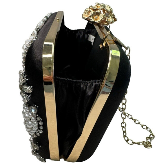Black Satin Multi Rhinestone and Pearl Accent Clutch Purse Evening Bag - Picture 9 of 9